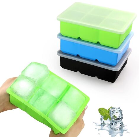 Ensemble de 3 grands bacs à glaçons en silicone à 18 compartiments avec couvercle, pour cocktails, whisky, vin, fruits, purées et crèmes glacées.