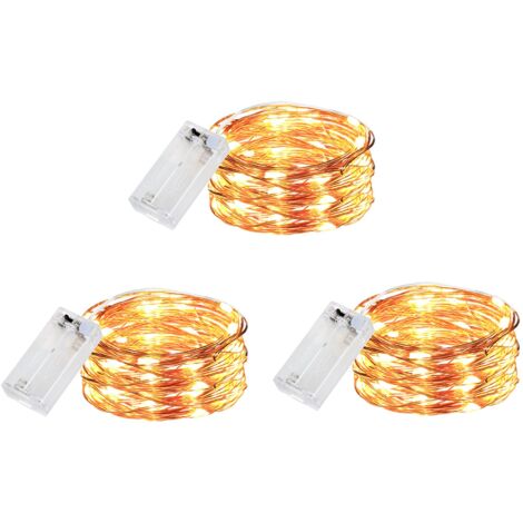 Ensemble de 3 guirlandes lumineuses en fil de cuivre à piles avec minuterie, 3 mètres de long avec 30 LED, lumière blanc chaud.