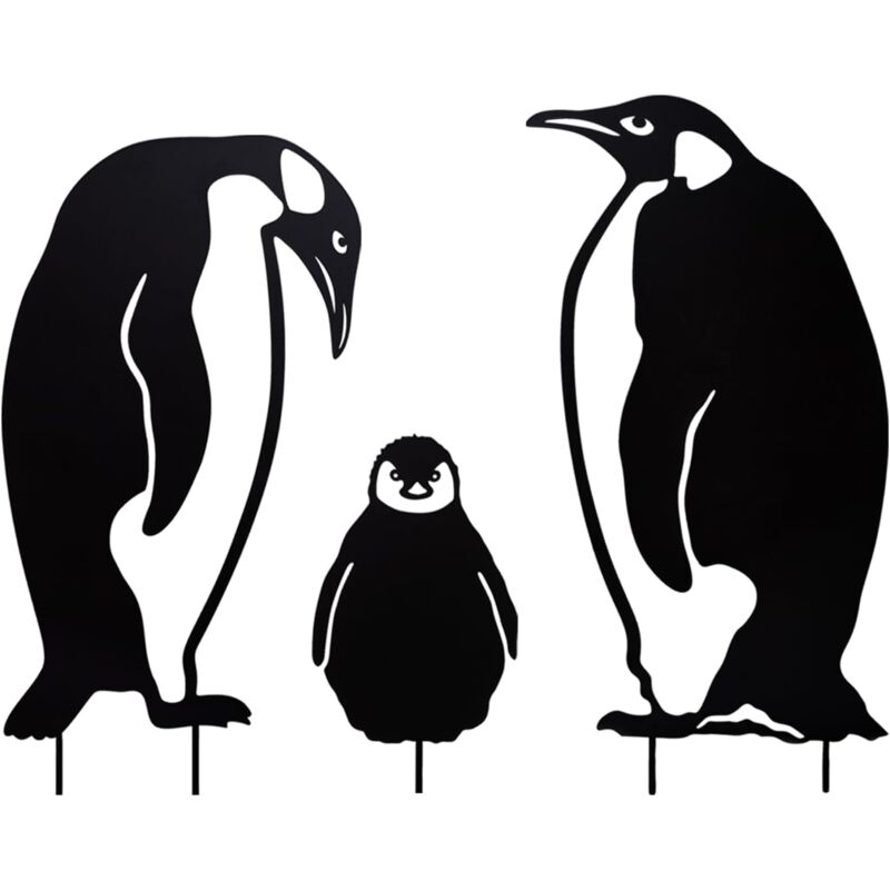 Ensemble de 3, jardin iron Art Penguins famille, jardin décoration créative évidée métal animal herbe Inserts