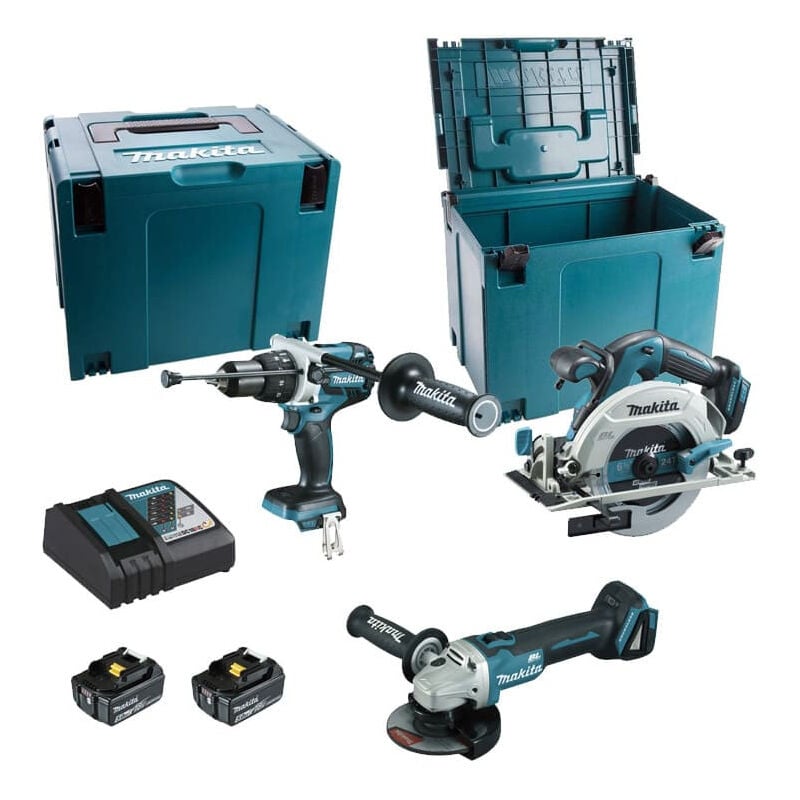Makita - Ensemble de 3 machines 18 v lxt - Perceuse DHP481 + Meuleuse DGA506 + Scie DHS680 2 batteries 18V 5Ah + chargeur rapide + 2 macpak