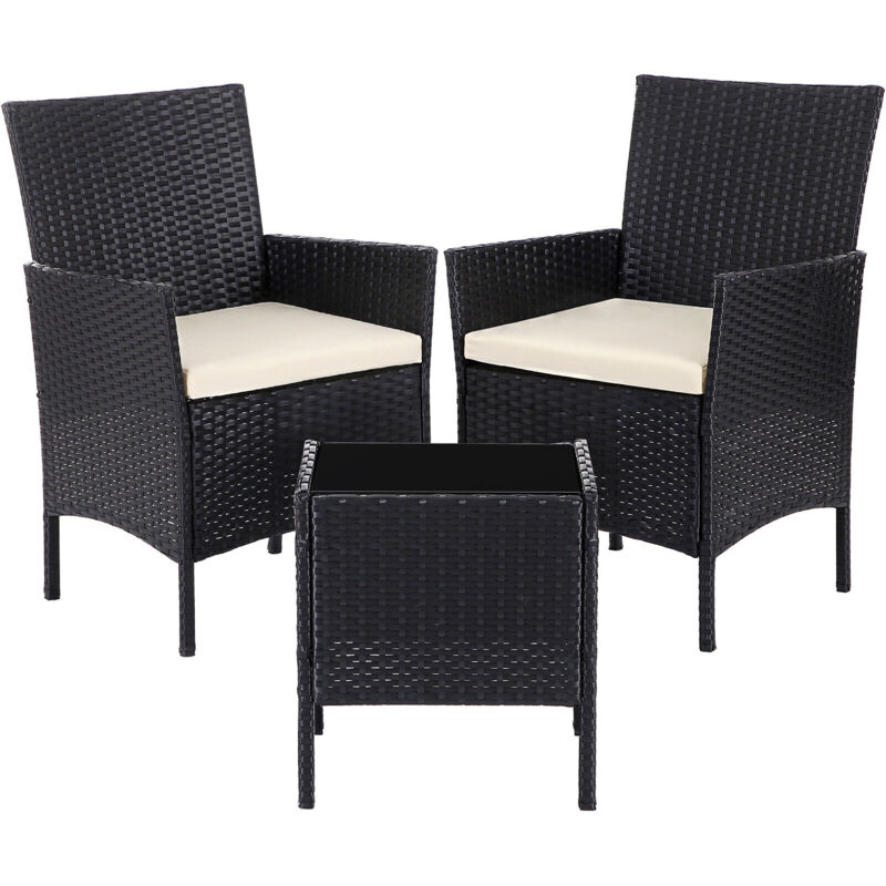 Ensemble de 3 Meubles de Jardin Surface tressée, Salon de Jardin avec 2 chaises, 1 Table avec Plateau en Verre trempé, 2 Coussins avec Housses