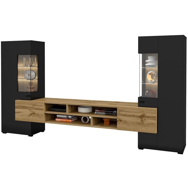 Meublorama - Ensemble de 3 meubles de salon collection kobee. Couleur noir et chêne