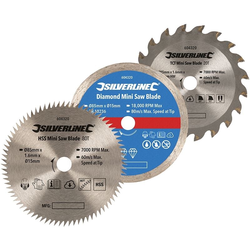 Ensemble de 3 mini-scies ø 85 mm - alésage 15 mm Silverline 604320