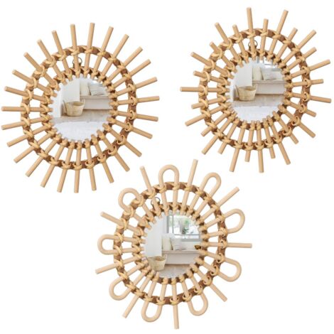 Atmosphera – Lot de 3 miroirs soleil en rotin – Diamètre 28 cm – Épaisseur 3 cm – Teinte beige chaleureuse pour décoration intérieure