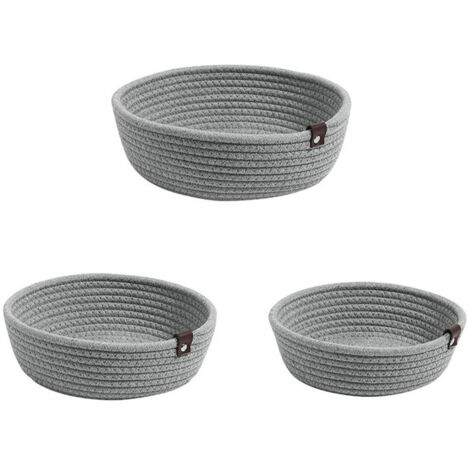 Ensemble de 3 paniers de rangement ronds en corde de coton tressée, gris, pour le rangement de bureau.