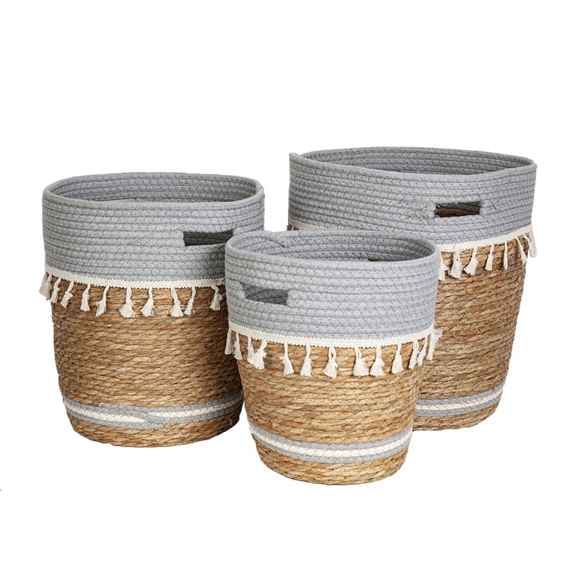 Ensemble de 3 paniers en osier avec pompons