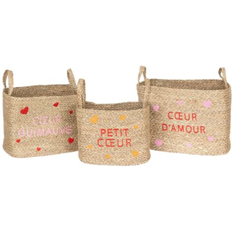 Ensemble de 3 paniers en osier motifs cœur AMOUR