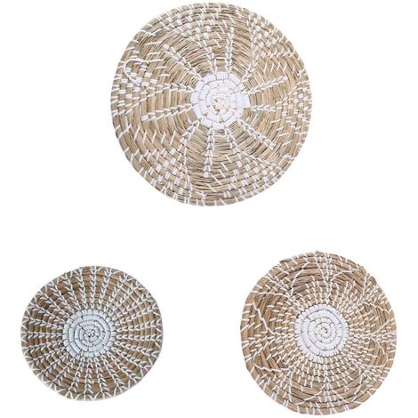 Ensemble de 3 paniers muraux en jonc de mer, style bohème, ronds, pour assiettes et plateaux suspendus - Décoration