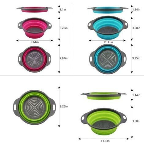 Ensemble de 3 passoires pliables rondes en silicone - 2 pièces de 4 litres et 1 pièce de 2 litres - Parfait pour égoutter les pâtes, les légumes et les fruits (vert, bleu, violet)