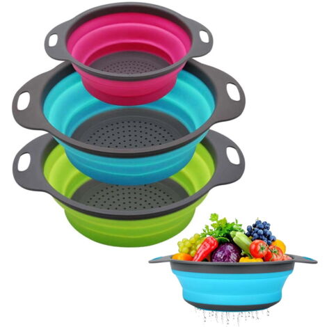 Ensemble de 3 passoires télescopiques pliables en silicone avec poignée, pour égoutter les fruits et légumes, idéales pour la cuisine, la maison ou le restaurant. Coloris : bleu, rouge et vert.