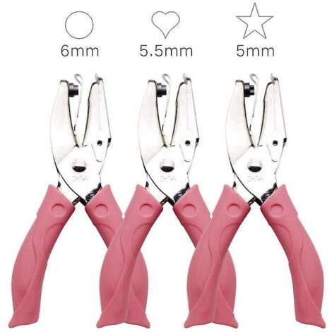 Ensemble de 3 perforatrices à main en métal avec poignée en plastique pour étiquettes et trous simples en forme de cœur ou ronds.