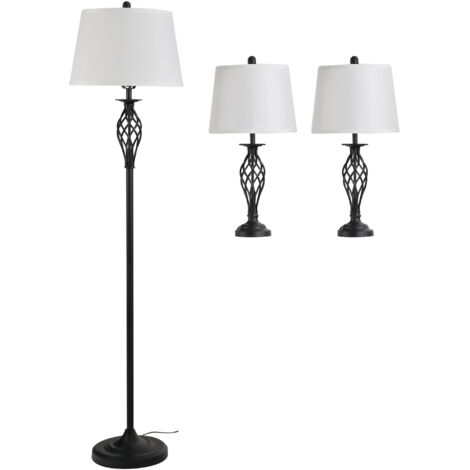Ensemble de 3 pièces : 1 lampadaire et 2 lampes de table en métal, style vintage, ampoules E27, noir et blanc