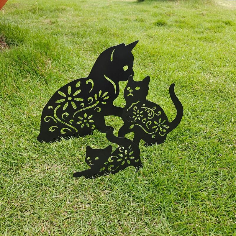 Ensemble de 3 pièces de métal chat jardin statue de chat noir silhouette de chat décoration de chat jardin poteau extérieur statue d'animal poteau
