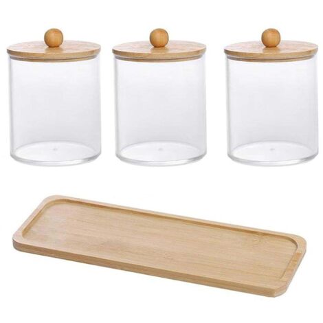 Ensemble de 3 pièces : porte-cotons-tiges avec plateau de toilette, pots d'apothicaire transparents et couvercles en bois.
