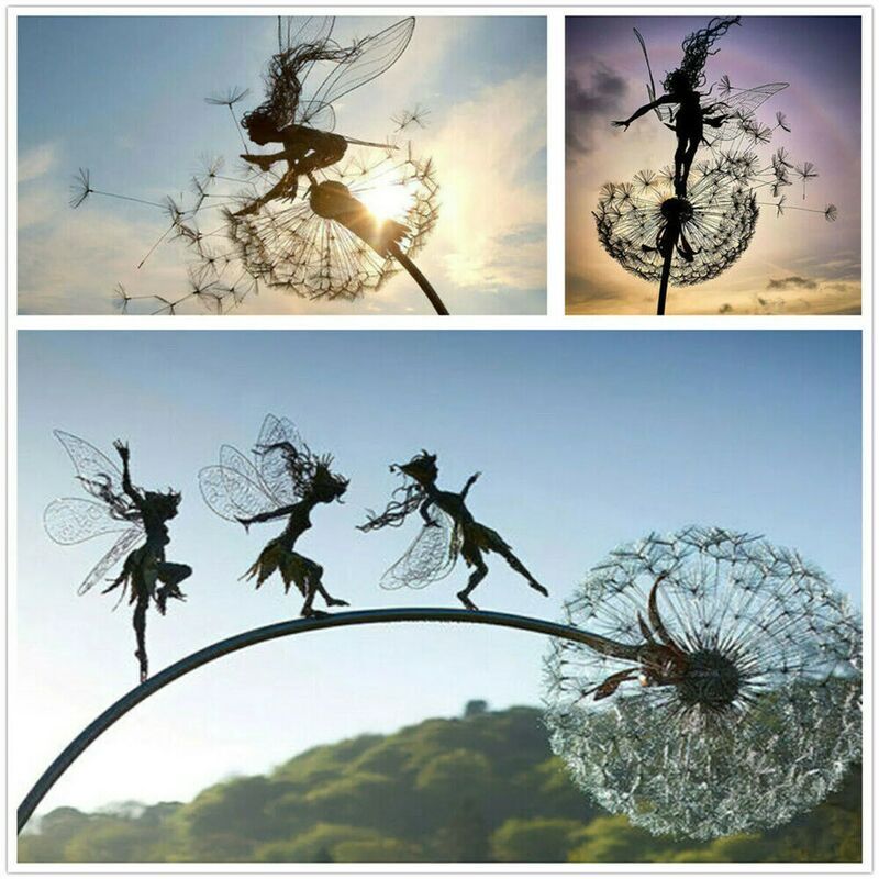 Ensemble de 3 pieu décoratifs de jardin en métal fées et pissenlits dansant ensemble jardin cour Art ornement debout