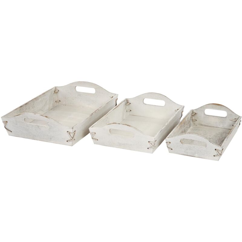 Ensemble de 3 plateaux de service petit-déjeuner empilables en bois blanc vieilli vintage 040002999