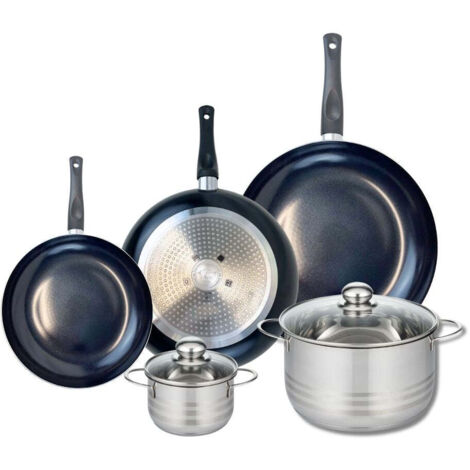 Ensemble de 3 Poêles de cuisson 20, 24 et 28 cm et 2 faitouts 12 et 20 cm Elo Prima Brillant