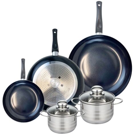Ensemble de 3 Poêles de cuisson 20, 28 et 32 cm et 2 faitouts 14 et 16 cm Elo Prima Brillant