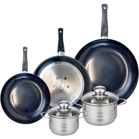 Ensemble de 3 Poêles de cuisson 24, 28 et 32 cm et 2 faitouts 14 et 16 cm Elo Prima Brillant
