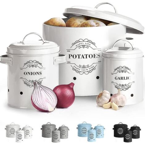 Ensemble de 3 pots à ail et à oignons en métal - Pot à pommes de terre. Pot à oignons. Bocal à ail. Bocaux de rangement en métal ventilés.