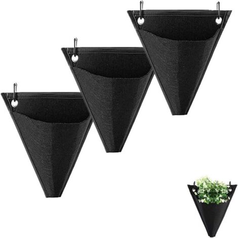 Ensemble de 3 sacs de jardin muraux, pochettes de plantation verticales, sacs de plantation suspendus, design triangulaire(noir)
