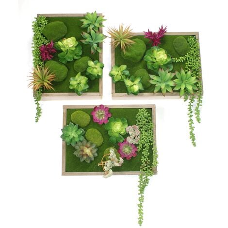 Ensemble de 3 Tableaux végétal mural avec plantes artificielles grasses et cadre façon bois - 40 x 30 cm -PEGANE-