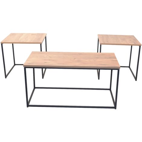 Ensemble de 3 Tables – 1 Table Basse + 2 Tables d’Appoint – Chêne & Métal Noir DEC050099