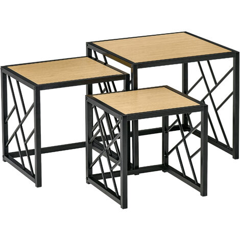 Ensemble de 3 tables basses gigognes encastrables style industriel métal noir aspect bois clair - Beige