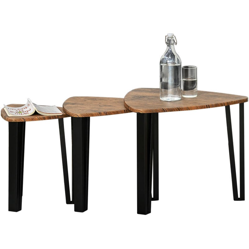 Homcom - Ensemble de 3 tables basses gigognes encastrables style industriel piètements métal noir en épingle plateaux aspect bois de noyer