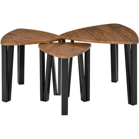 Ensemble de 3 tables basses gigognes encastrables style industriel piètements métal noir en épingle plateaux aspect bois de noyer - Marron