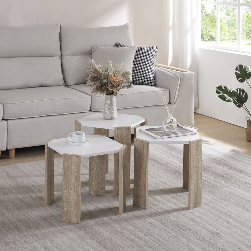 [en.casa] - Ensemble de 3 tables basses gigognes Rantasalmi blanc effet chêne