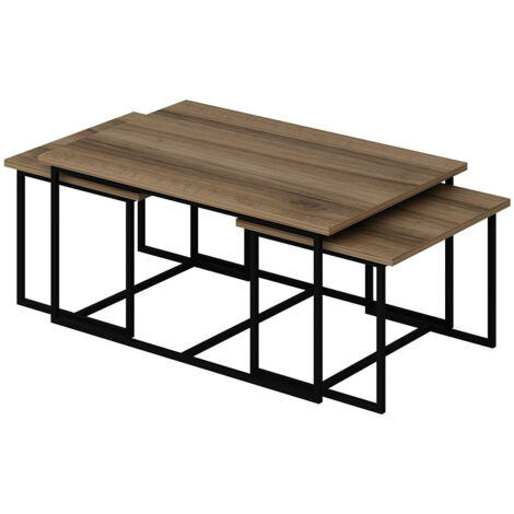 Ensemble de 3 tables basses style industriel Langkawi Métal Noir et Bois foncé