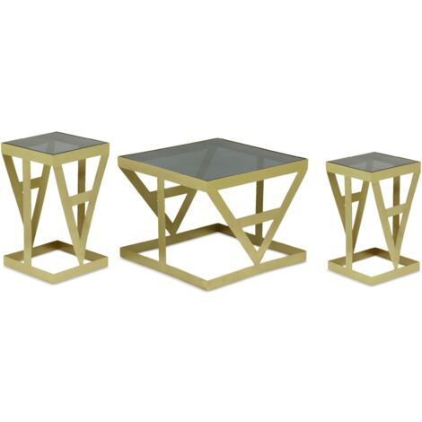 Ensemble de 3 tables d'appoint Amstra en Verre fumé et Métal Or