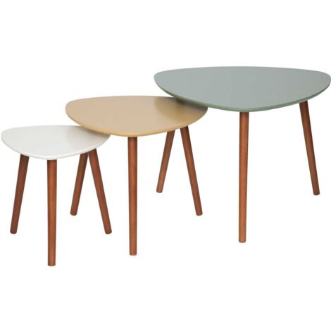 Atmosphera – Lot de 3 tables d'appoint en panneau de fibres de bois et pieds en hévéa – Dimensions S/M/L – Couleurs vert, ocre, blanc