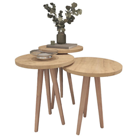 Ensemble de 3 tables d'appoint rondes coloris Chêne sur pieds - Diamètre 35 cm, Hauteurs différentes : 49, 47 et 45 cm