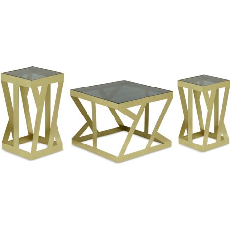Ensemble de 3 tables d'appoint Zendaya en Verre fumé et Métal Or