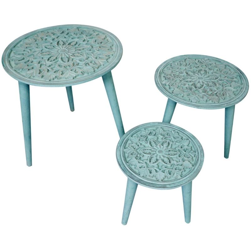 Ensemble de 3 tables gigognes rondes Kairouan Bleu-Vert