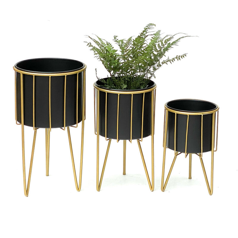 DanDiBo Tabouret de fleur avec pot Métal Or Noir Rond Set de 3 Tabourets de fleur 96039 Colonne de fleur Moderne Support de plante Tabouret de plante