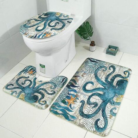 Ensemble de 3 tapis de bain à motifs marins avec tapis antidérapants et housse de siège de toilette