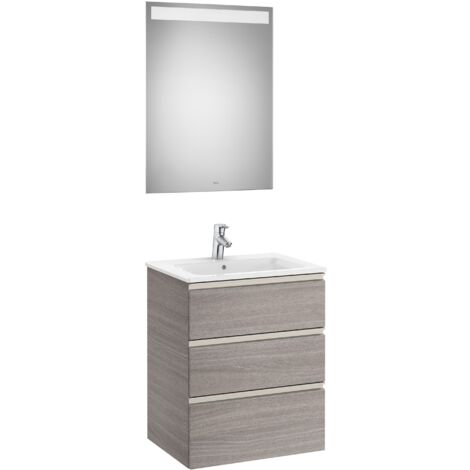 Ensemble de 3 tiroirs, lavabo et miroir avec LED THE GAP - ROCA Couleur : Chêne City texturé - Dimensions : 605 mm