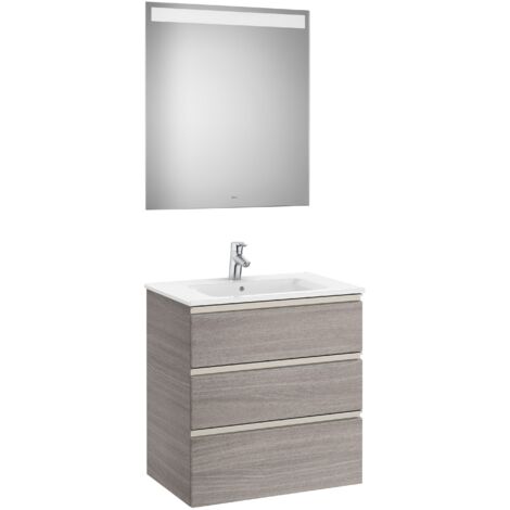 Ensemble de 3 tiroirs, lavabo et miroir avec LED THE GAP - ROCA Couleur : Chêne City texturé - Dimensions : 705 mm