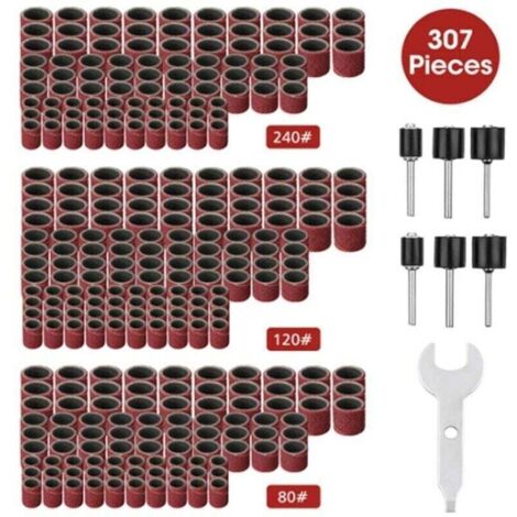 Ensemble de 307 pices de ponceuse tambour Kit de tambour de ponage - Manchons de bande de ponage 300 pices (80 / 120 / 240 ) + Mandrins de tambour 6 pices pour outil rotatif + 1 cl combine