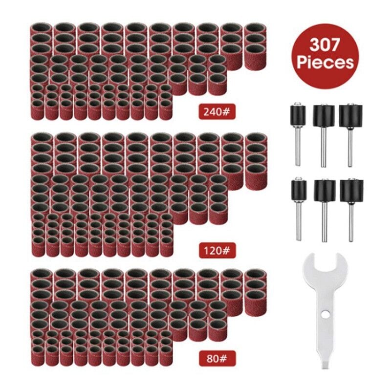 Ensemble de 307 pièces de ponceuse à tambour Kit de tambour de ponçage - Manchons de bande de ponçage 300 pièces (80 / 120 / 240 ) + Mandrins de