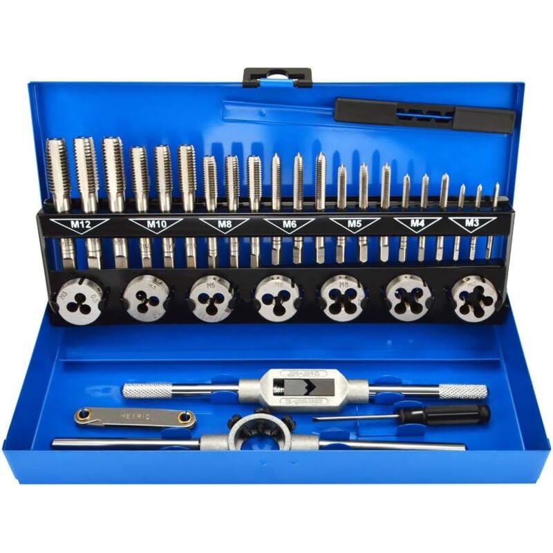 Gotrays - Ensemble de 32 tarauds et filières pour la création et la réparation de filetage, clé à tarauder en alliage d'acier pour filetage intérieur