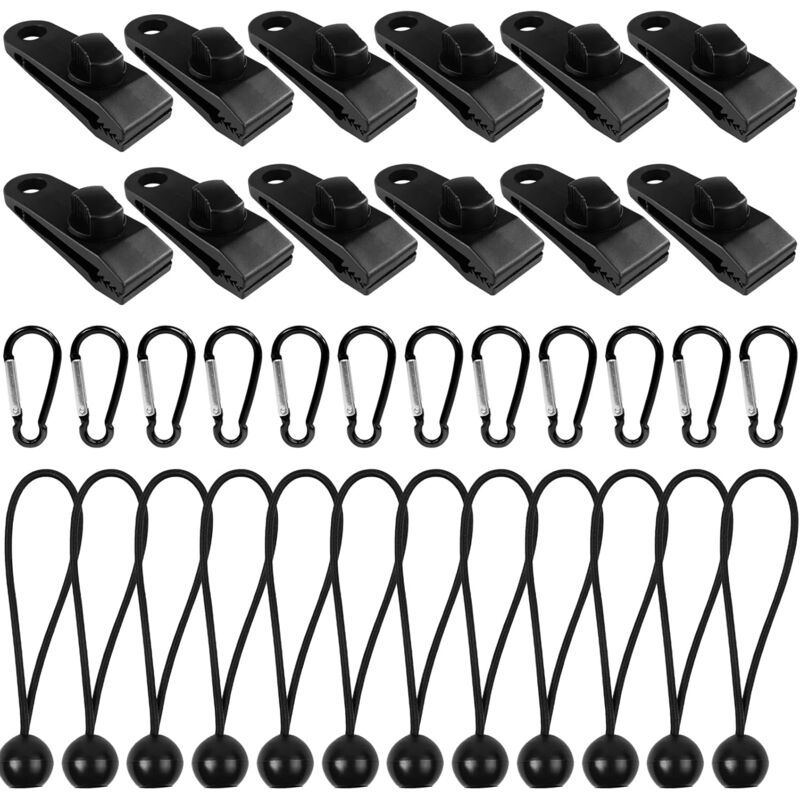 Ensemble de 36 pièces Clip de Bâche Tente, 12pcs Pince pour Bâche Pince Verrouillage, 12pcs Corde elastiche per tenda in nylon, 12pcs Mousqueton,