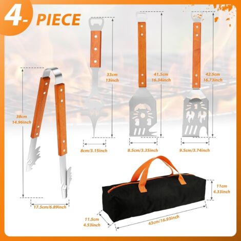 Ensemble de 4 accessoires de barbecue en acier inoxydable extra-épais : spatule multifonctionnelle, fourchette et pince. - AquaForge