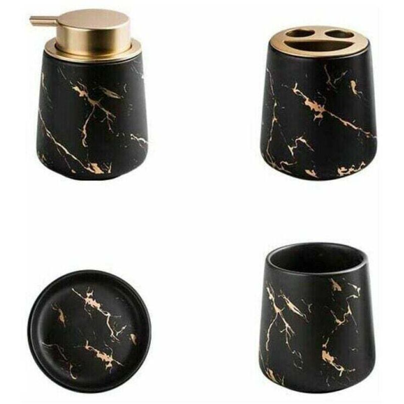 Ensemble de 4 accessoires de salle de bain en céramique marbrée - Distributeur de savon, porte-brosse à dents, gobelet, porte-savon - Noir
