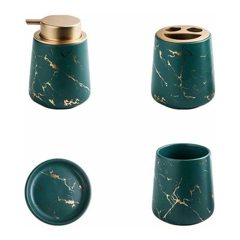 ZVD - Ensemble de 4 Accessoires de Salle de Bain en Céramique Marbrée - Distributeur de Savon, Porte-Brosse à Dents, Gobelet, Porte-Savon (Vert Foncé)