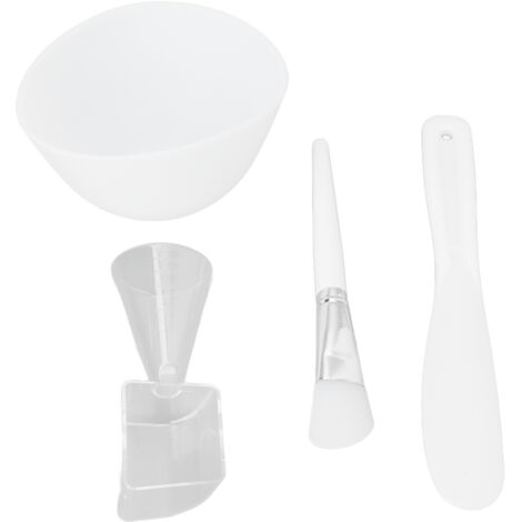 Ensemble de 4 Accessoires pour Masque Visage : Bol, Cuillère Doseuse, Spatule et Pinceau en Silicone Lavable, Applicateur Blanc