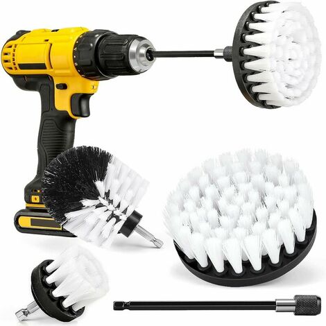 Ensemble de 4 brosses blanches pour perceuse – Kit de nettoyage pour récureur électrique – Brosse de perceuse tout usage avec accessoire extensible pour surfaces de salle de bain, coulis, sol, baignoi